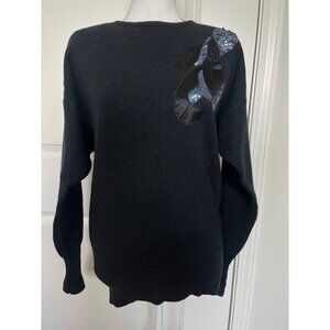 Vtg 80s Black Albee Sweater Sequin Leaf Womens Sz Med Wool Angora Shoulder Pads